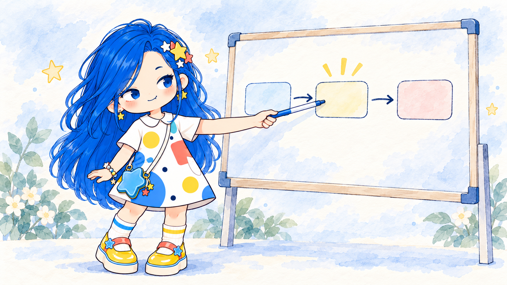 揽星指向白板上的流程节点
